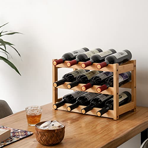 VASMIA Bamboo Wine Rack, Sturdy and Durable Wine Storage Cabinet Shelf, Wine Racks Countertop for Pantry,Kitchen,3-Tier 12 Bottles Wine Rack Natural - Image 3