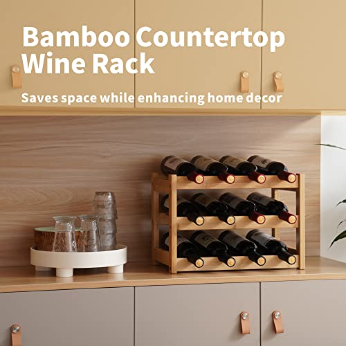 VASMIA Bamboo Wine Rack, Sturdy and Durable Wine Storage Cabinet Shelf, Wine Racks Countertop for Pantry,Kitchen,3-Tier 12 Bottles Wine Rack Natural - Image 2