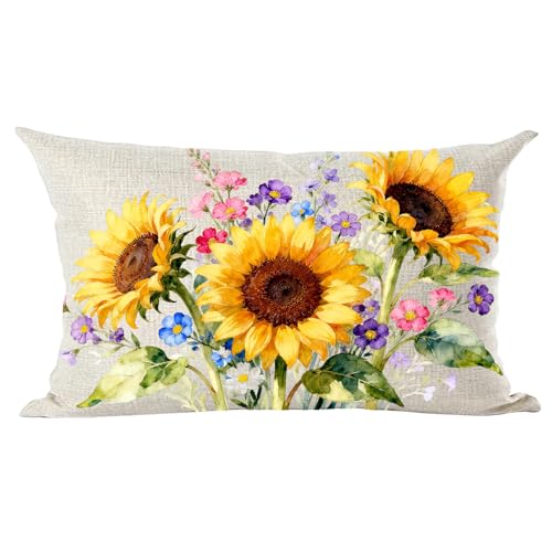 Ramirar Ink Painting Watercolor Yellow Sunflowers Flowers Summer Decorative Lumbar Throw Pillow Cover Case Home Living Room Bed Sofa Car Cotton Linen Rectangular 12 x 20 Inches - Image 1