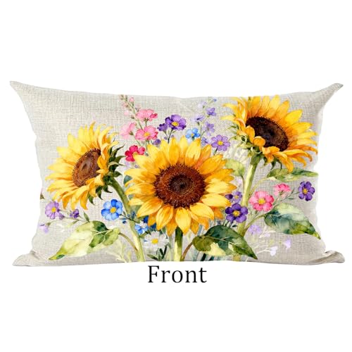 Ramirar Ink Painting Watercolor Yellow Sunflowers Flowers Summer Decorative Lumbar Throw Pillow Cover Case Home Living Room Bed Sofa Car Cotton Linen Rectangular 12 x 20 Inches - Image 2