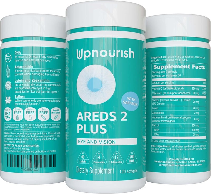 UpNourish AREDS 2  Advanced Eye Vitamin Supplement for Macular Health and Dry Eye  Lutein Zeaxanthin Saffron Astaxanthin  DHA  Supports Eye Strain Pressure Night Vision  120 softgels - Image 1