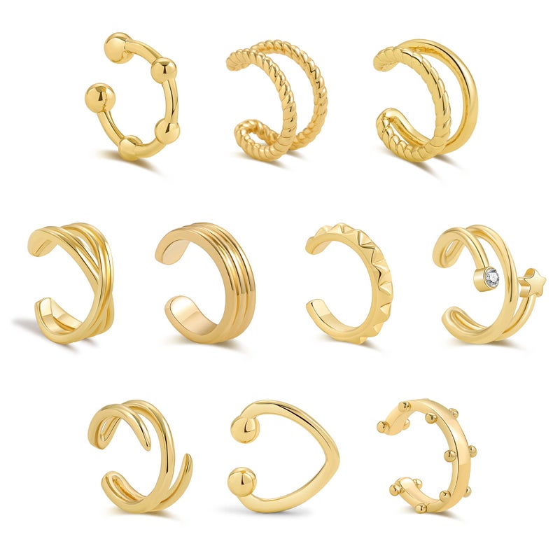 Sloong 10pcs Sparkling Ear Cuff pack Gold Dainty Helix Earrings Huggie Stud Cuff Earrings for women Earring Set | Clip On Cartilage non pierced - Image 1