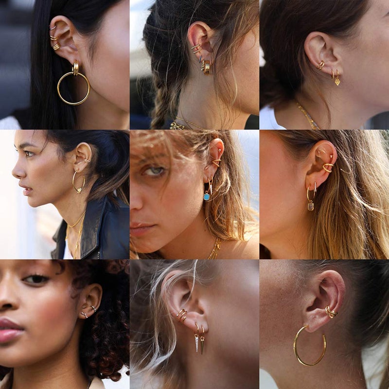 Sloong 10pcs Sparkling Ear Cuff pack Gold Dainty Helix Earrings Huggie Stud Cuff Earrings for women Earring Set | Clip On Cartilage non pierced - Image 2