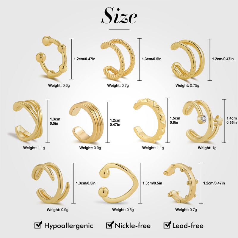 Sloong 10pcs Sparkling Ear Cuff pack Gold Dainty Helix Earrings Huggie Stud Cuff Earrings for women Earring Set | Clip On Cartilage non pierced - Image 3