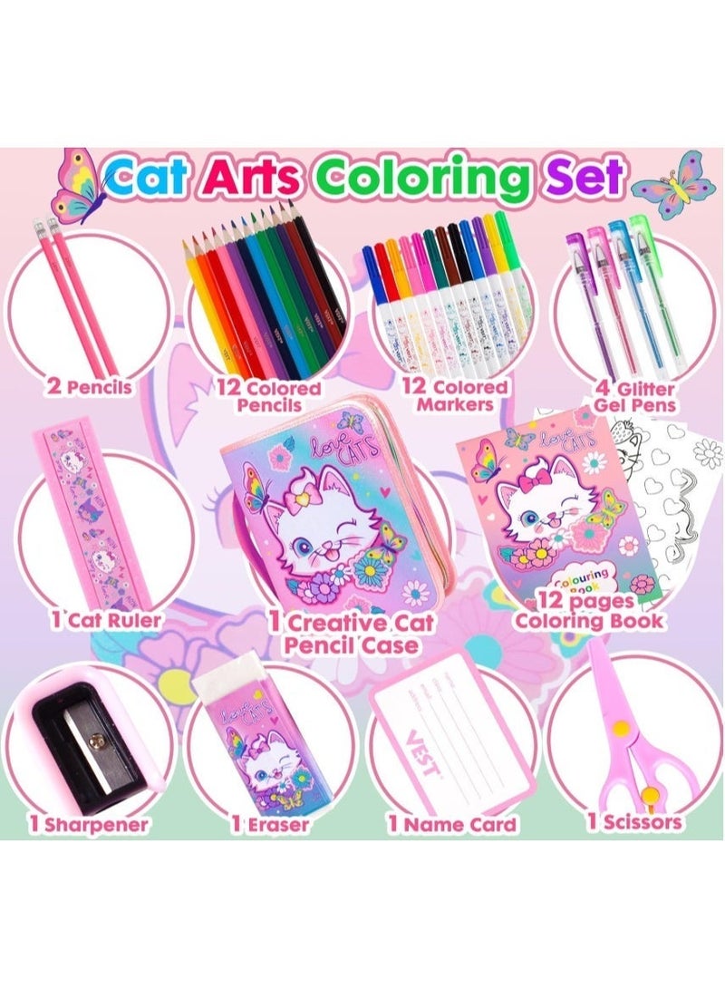 VEST Kids Painting Stationery Set 20×25×3.5cm for Children Graffiti Art Creation Painting Enlightenment Daily Writing Cute Cat Cartoon Pattern Portable Zipper Full Painting Stationery Gift Box Colored Pencils Creative Markers Pen Multicolour notebook stationery set - Image 2