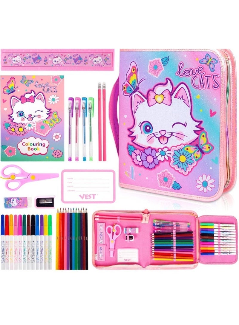 VEST Kids Painting Stationery Set 20×25×3.5cm for Children Graffiti Art Creation Painting Enlightenment Daily Writing Cute Cat Cartoon Pattern Portable Zipper Full Painting Stationery Gift Box Colored Pencils Creative Markers Pen Multicolour notebook stationery set - Image 1