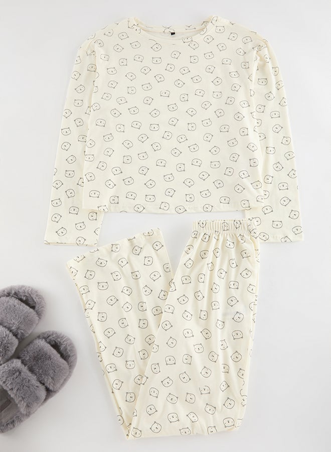 trendyol Ecru 100% Cotton Teddy Bear Knitted Pajama Set THMAW25PT00131 - Image 5