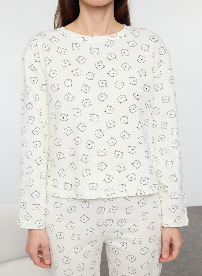 trendyol Ecru 100% Cotton Teddy Bear Knitted Pajama Set THMAW25PT00131 - Image 3