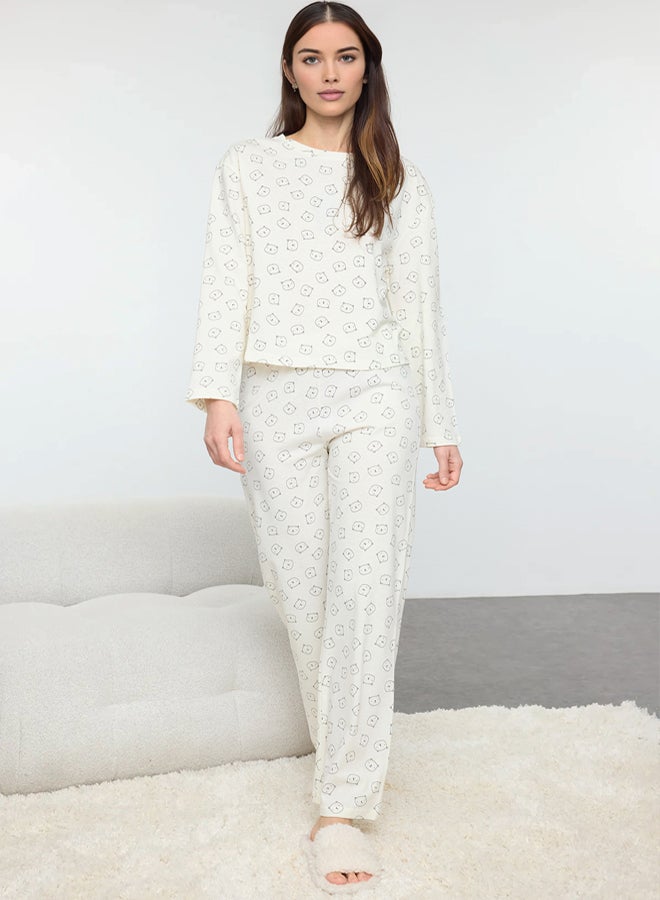 trendyol Ecru 100% Cotton Teddy Bear Knitted Pajama Set THMAW25PT00131 - Image 2