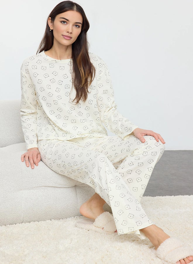 trendyol Ecru 100% Cotton Teddy Bear Knitted Pajama Set THMAW25PT00131 - Image 1
