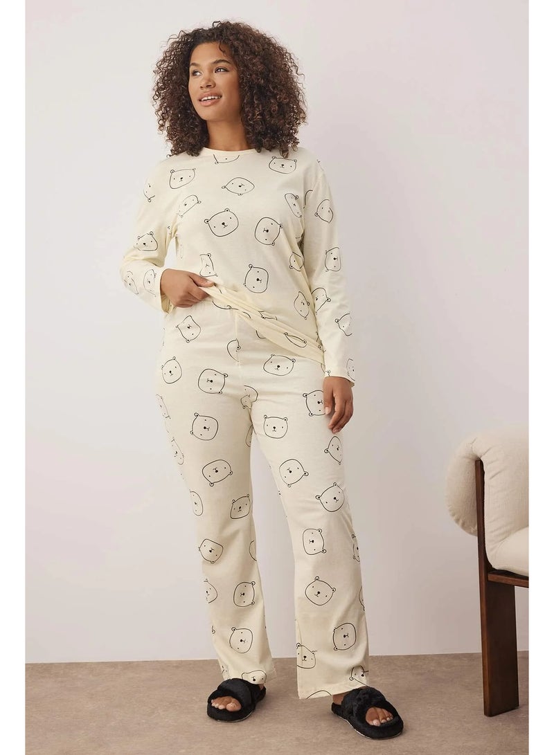 Ecru 100% Cotton Teddy Bear Knitted Pajama Set THMAW25PT00131
