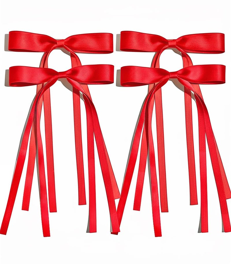 Ayesha Red Hair Bows Clips Coquette Ribbon Bowknot with Long Tail Princess Hair Bows French Barrettes Hair Accessories for Women Girls 4pcs (red) - Image 1