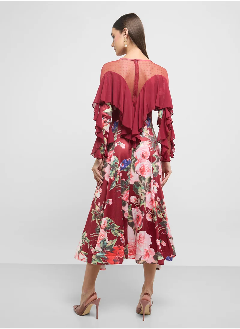 ELLA Floral Print Dress With Sheer Sleeves