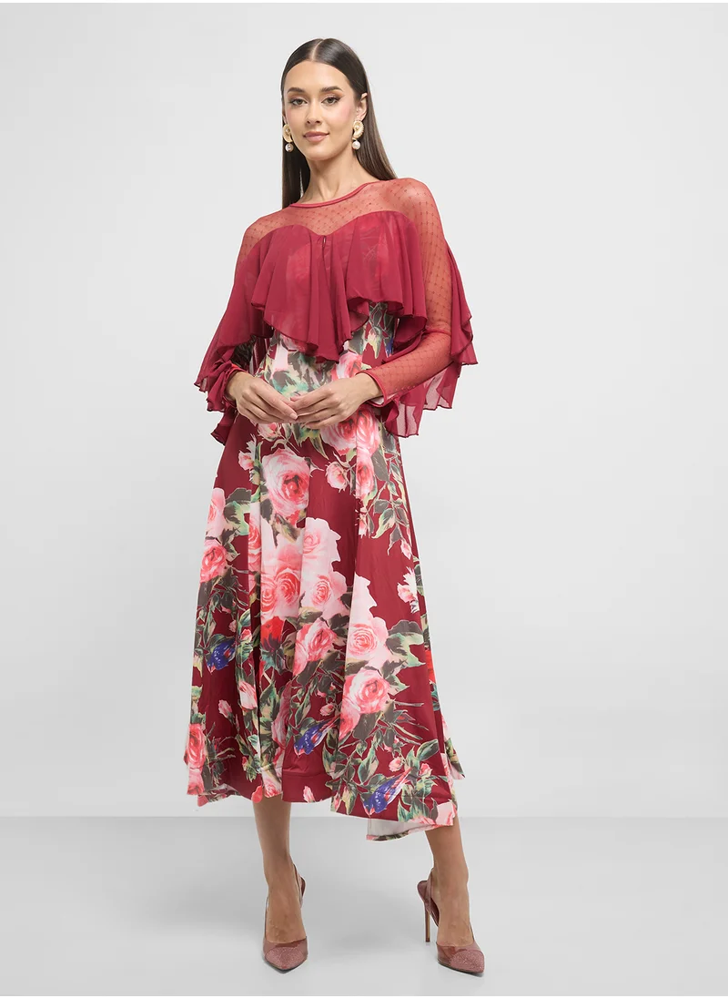 ELLA Floral Print Dress With Sheer Sleeves