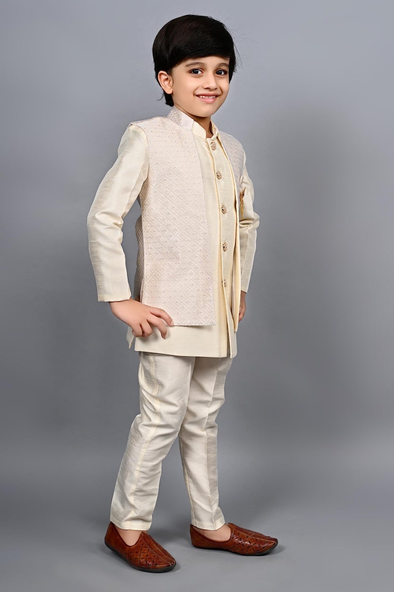 AHHAAAA Kids Indian Ethnic Silk Blend Waistcoat Kurta Pyjama Set Traditional Bollywood Style Wedding Sherwani for Boys Cream - Image 4