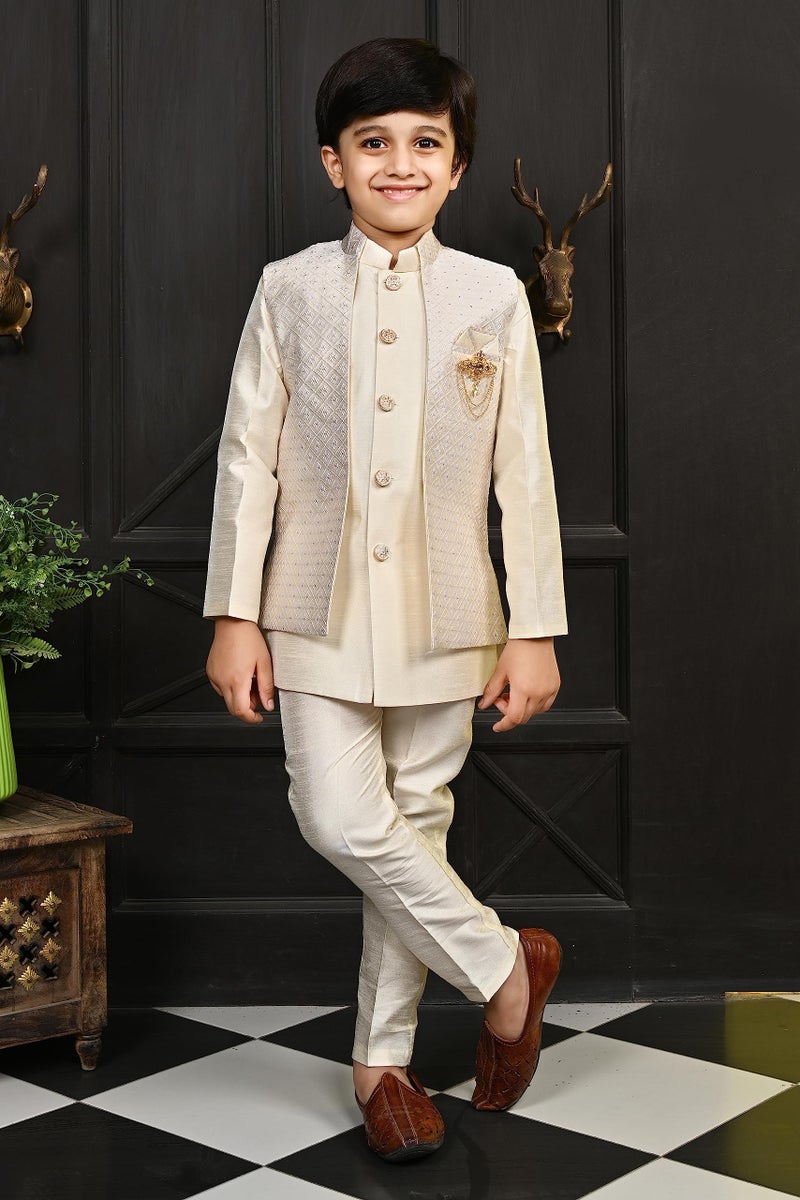 AHHAAAA Kids Indian Ethnic Silk Blend Waistcoat Kurta Pyjama Set Traditional Bollywood Style Wedding Sherwani for Boys Cream - Image 2