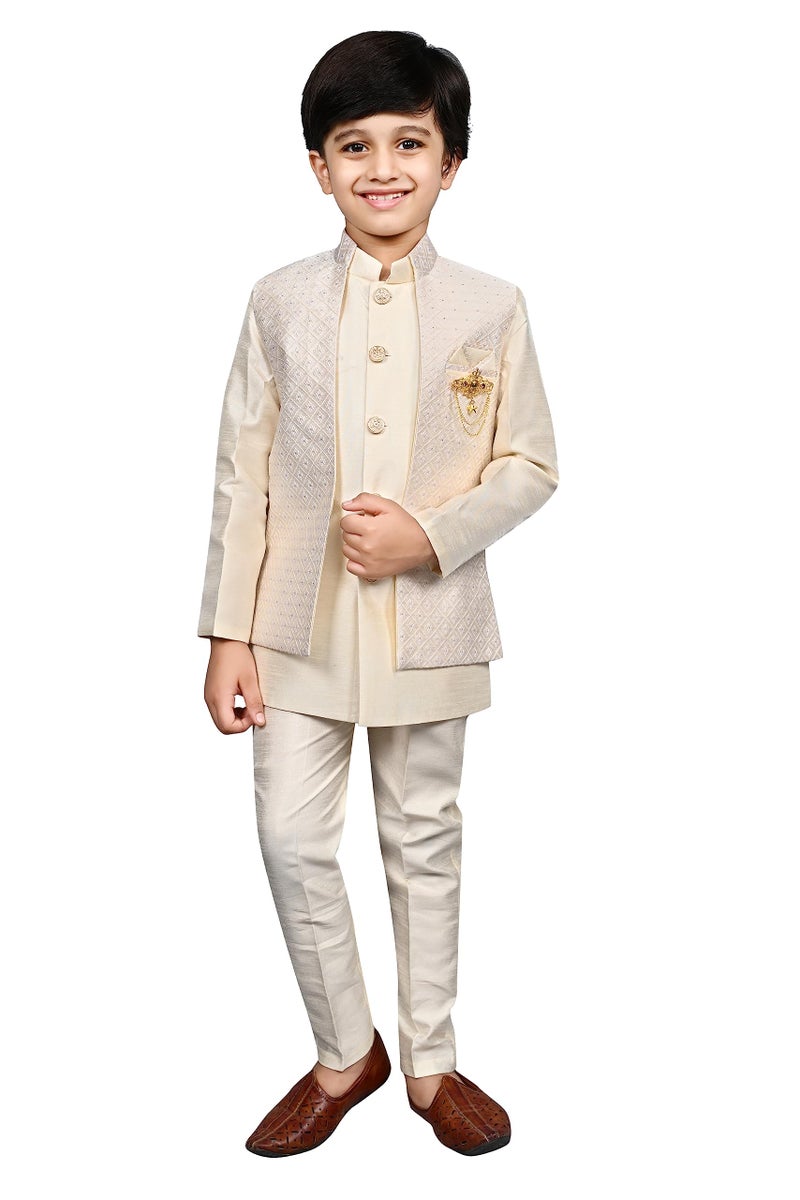AHHAAAA Kids Indian Ethnic Silk Blend Waistcoat Kurta Pyjama Set Traditional Bollywood Style Wedding Sherwani for Boys Cream - Image 1
