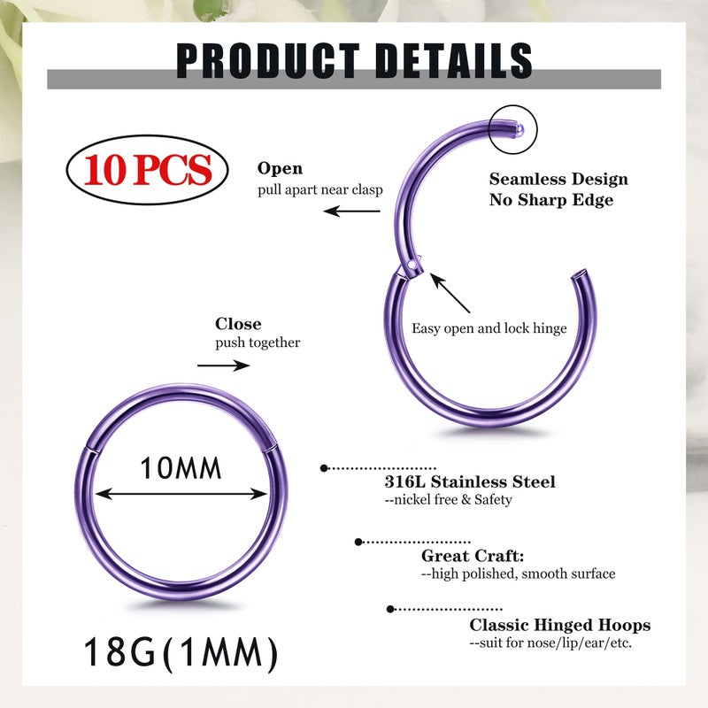 Besteel 10PCS Septum Nose Rings Hoops for Women Men - 18G 316L Surgical Stainless Steel Hinged Clicker Lip Helix Rook Tragus Daith Conch Piercing Jewelry Cartilage Sleeper Earrings Set 10MM - Image 3