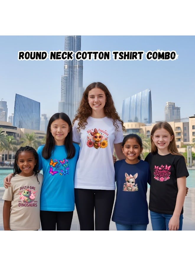 برينت شوب فور مي عبوة من ٥ تيشيرتات للبنات | تيشيرتات قطنية مطبوعة | رقبة دائرية وأكمام قصيرة | ملابس يومية ناعمة ومريحة للفتيات الصغيرات | مثالية للمدرسة والأنشطة الخارجية - Image 3