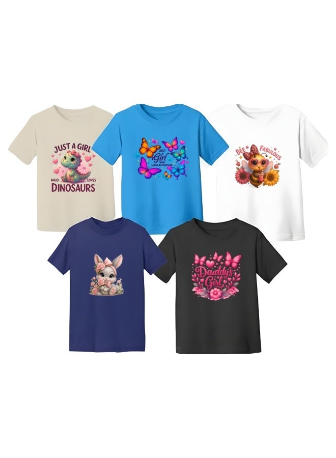 برينت شوب فور مي عبوة من ٥ تيشيرتات للبنات | تيشيرتات قطنية مطبوعة | رقبة دائرية وأكمام قصيرة | ملابس يومية ناعمة ومريحة للفتيات الصغيرات | مثالية للمدرسة والأنشطة الخارجية - Image 1