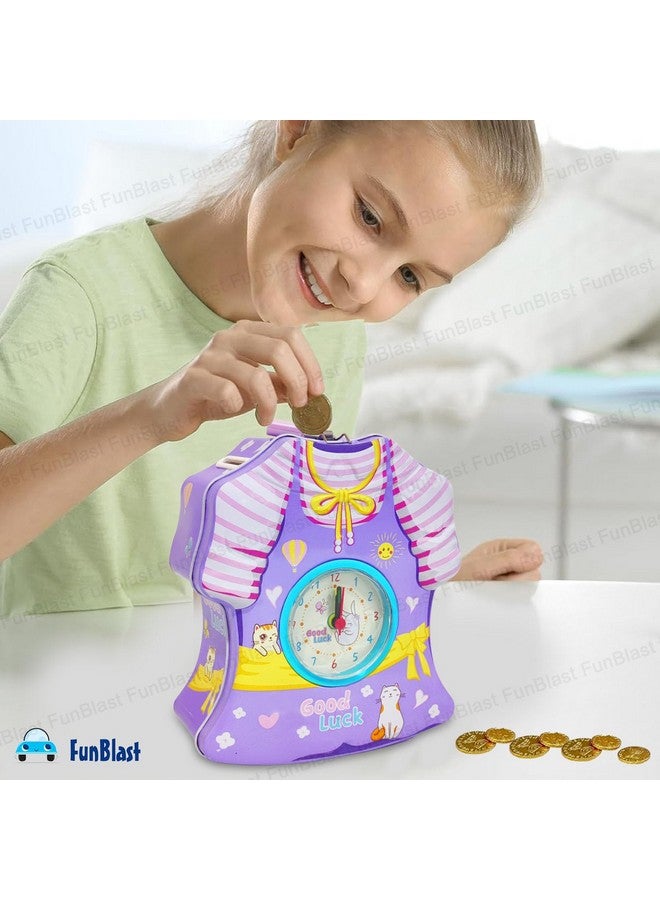FunBlast Piggy Bank for Kids - 2 in 1 Alarm Clock Piggy Bank for Girls, Dress Design Coin Box for Kids, Girls with Lock & Key, Money Bank for Kids, Return Gift for Children - Image 4