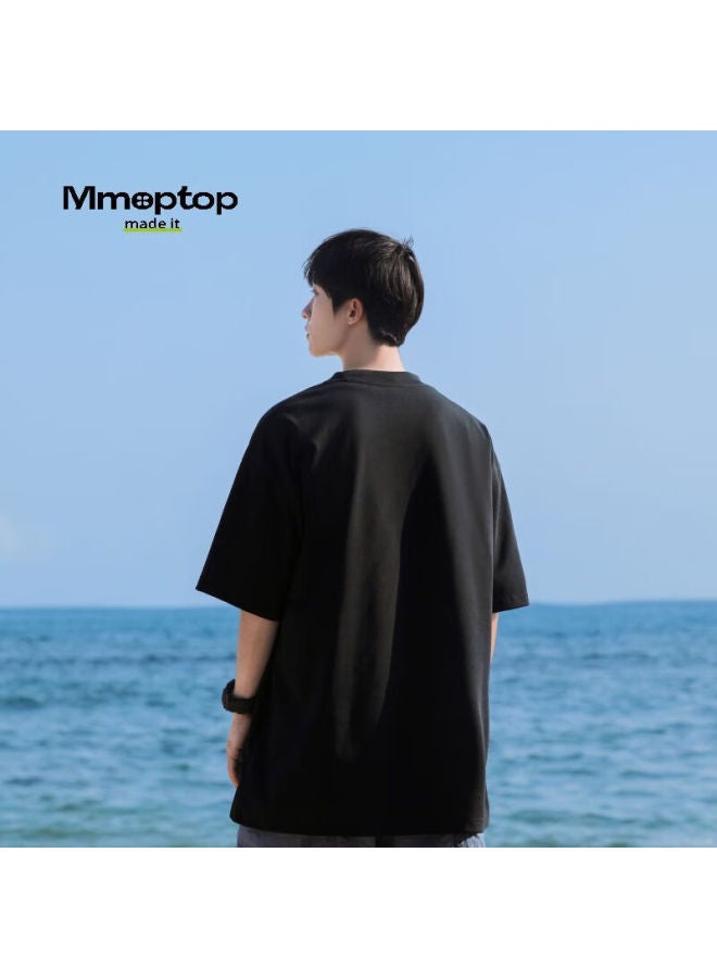 Mmoptop Solid Color Heavyweight Short-sleeve T-shirt For Men And Women, Summer Simple Pure Cotton Loose Casual Undershirt T001 2 Black XL - Image 4