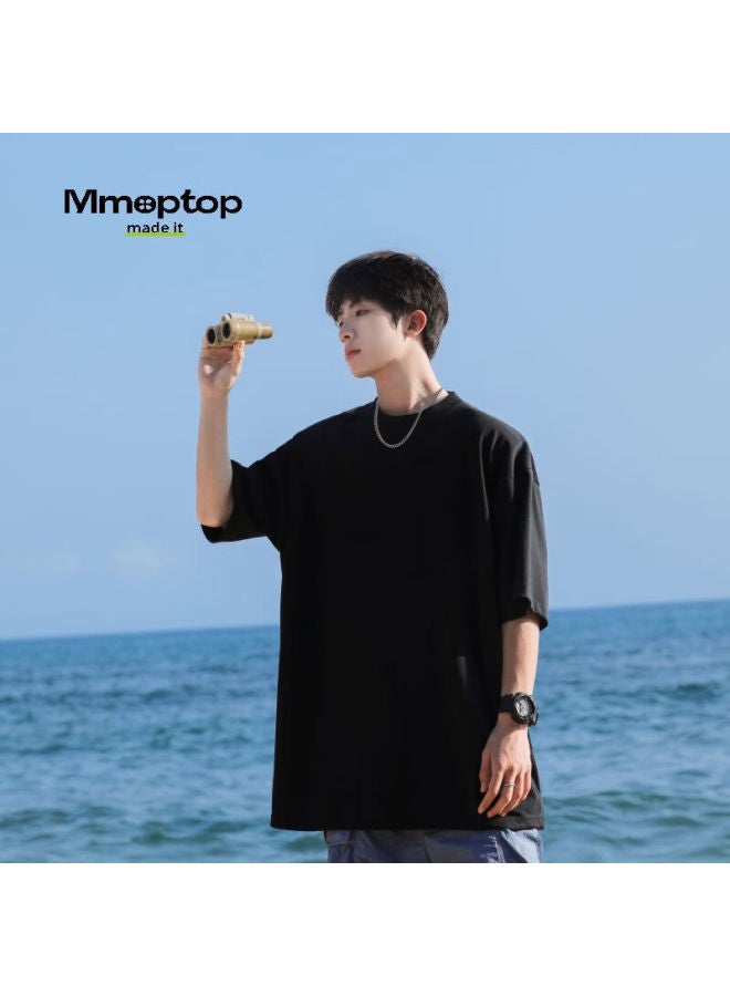 Mmoptop Solid Color Heavyweight Short-sleeve T-shirt For Men And Women, Summer Simple Pure Cotton Loose Casual Undershirt T001 2 Black XL - Image 2
