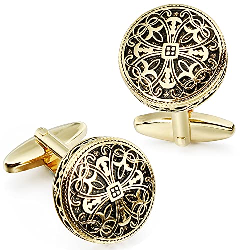 HAWSON Gold Hollow Flowers Vintage Enamel Carbon Fiber Cufflinks and Studs Set for Men - Wedding Business Accessories - Image 1