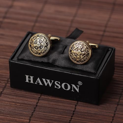 HAWSON Gold Hollow Flowers Vintage Enamel Carbon Fiber Cufflinks and Studs Set for Men - Wedding Business Accessories - Image 5
