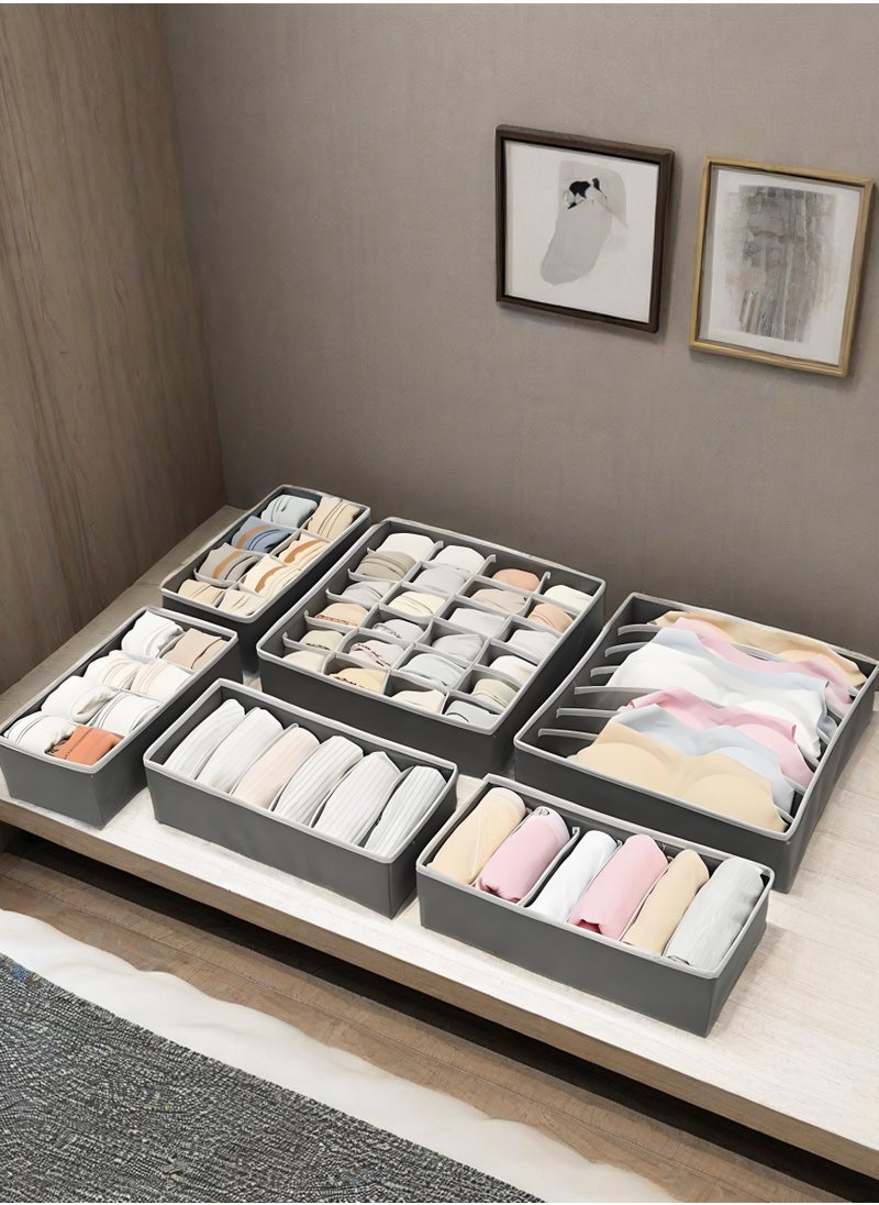 Storage Box Set – 6 Pack Foldable Fabric Drawer Organizers for Closet, Socks, Underwear, Baby Clothes – Grey
