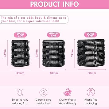 Brushworks لفافات شعر حرارية سيراميكية من برش وركس 9 قطع بأحجام متنوعة 60 مم 48 مم 35 مم لشعر مصفف بحجم كبير - Image 3