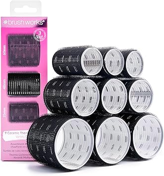 Brushworks لفافات شعر حرارية سيراميكية من برش وركس 9 قطع بأحجام متنوعة 60 مم 48 مم 35 مم لشعر مصفف بحجم كبير - Image 1