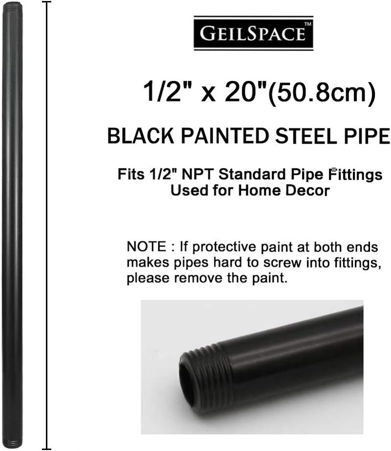 GeilSpace عبوة 6 قطع من أنابيب الحديد الأسود مسبقة القطع 1/2" × 20"، تناسب الأنابيب والمرفقات ذات الخيوط السوداء القياسية - رفوف صناعية عتيقة (1/2" × 20") - Image 2
