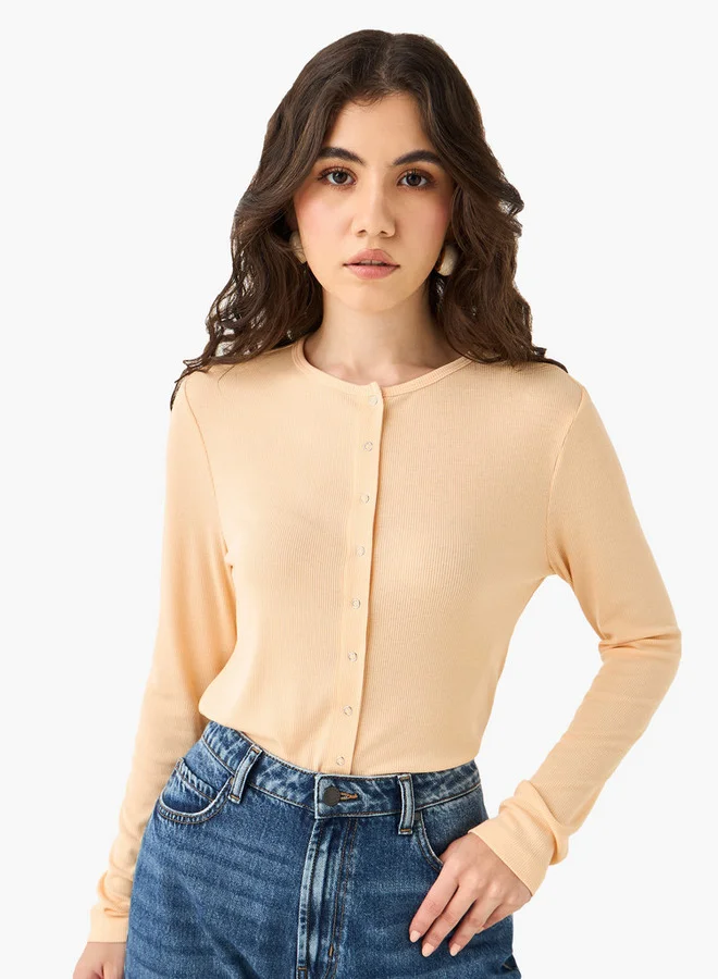 Lee Cooper Lee Cooper Ribbed Cotton T-shirt with Button Closure and Full Sleeves