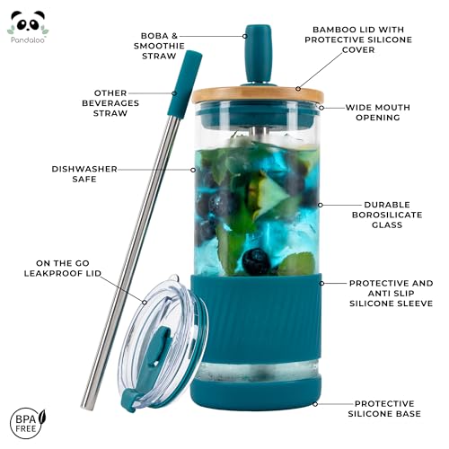 Pandaloo® Glass Cups With Lids and Straws -20 Fl Oz- Perfect Size Iced Coffee Cup - Smoothie Cup With Bamboo Lid and On the go Lid - Glass Tumbler With Straw (1 Count (Pack of 1), Intense Teal) - Image 2