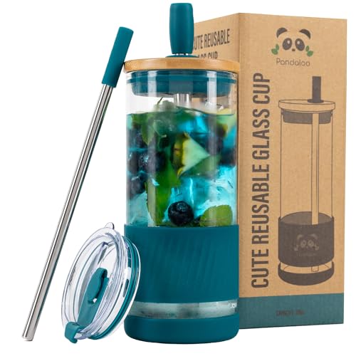 Pandaloo® Glass Cups With Lids and Straws -20 Fl Oz- Perfect Size Iced Coffee Cup - Smoothie Cup With Bamboo Lid and On the go Lid - Glass Tumbler With Straw (1 Count (Pack of 1), Intense Teal) - Image 1