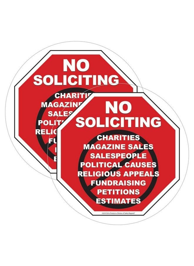 Safety Magnets - No Soliciting Window Clings (2 Pack) By Safety Magnets 5 Inch Round No Solicitors Or Trespassers Stickers Removeable Vinyl Decals Inside Window Application - Image 1
