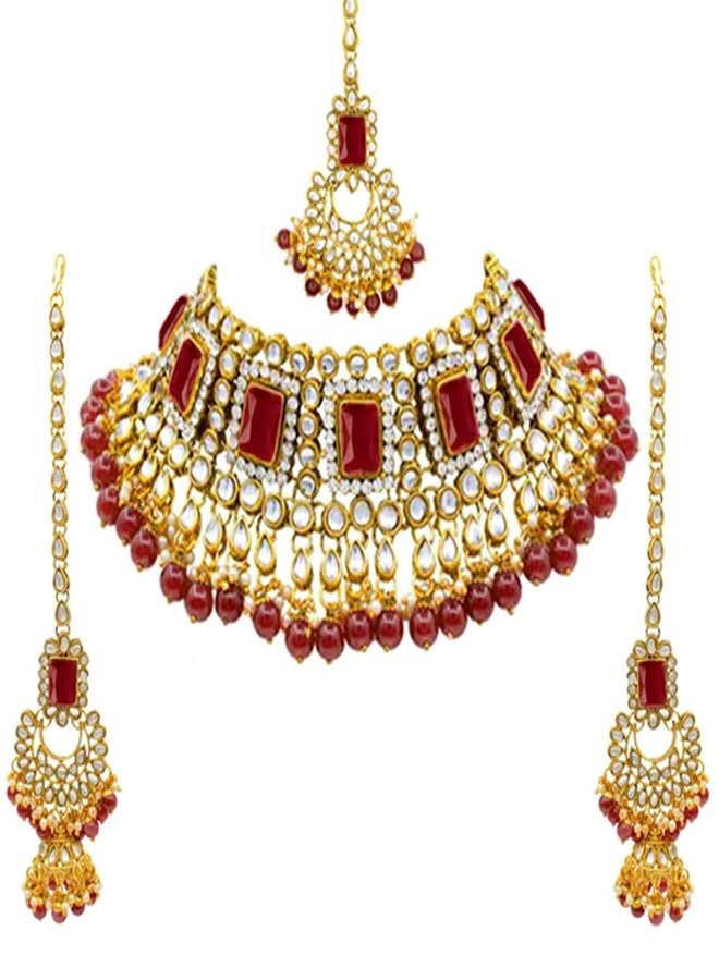 Peora Rani Padmavati Dulhan Bridal Kundan Pearl Choker Necklace with Earrings Maang Tikka for Women Girls Indian Traditional Jewellery Set - Image 1