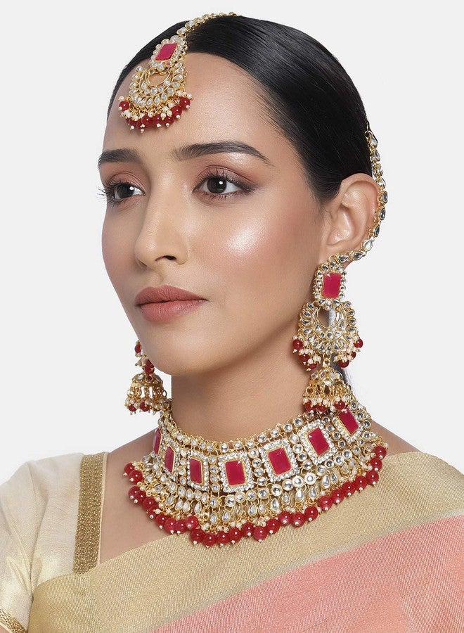 Peora Rani Padmavati Dulhan Bridal Kundan Pearl Choker Necklace with Earrings Maang Tikka for Women Girls Indian Traditional Jewellery Set - Image 2
