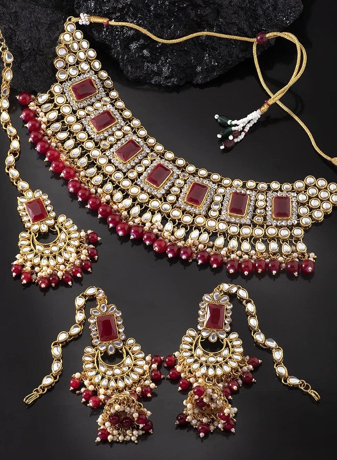 Peora Rani Padmavati Dulhan Bridal Kundan Pearl Choker Necklace with Earrings Maang Tikka for Women Girls Indian Traditional Jewellery Set - Image 3