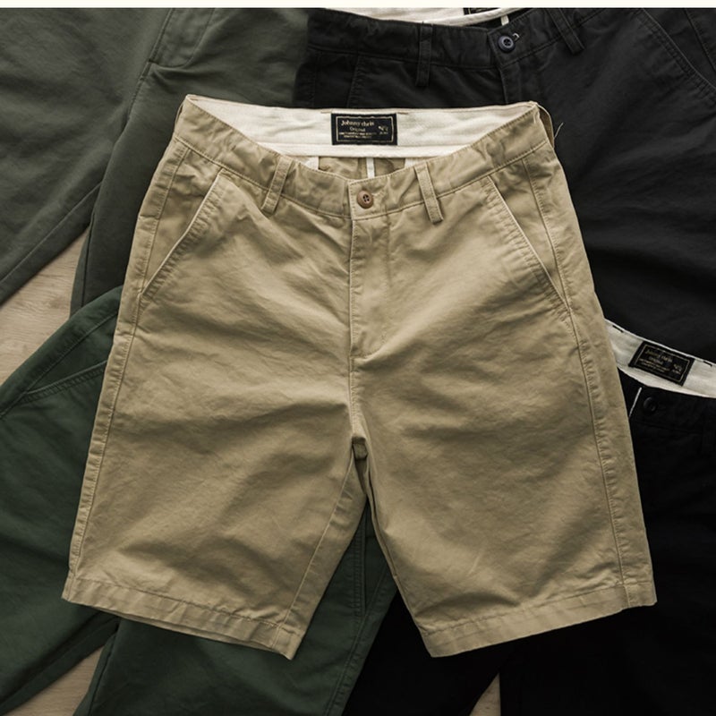 Mens Summer Washed Casual Shorts Solid Slim Fit Khaki  - Image 1