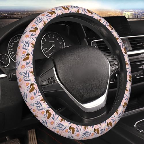 FJyuanqi Dachshund Flower Floral Steering Wheel Cover Universal Car Interior Accessories for Women Men 15 Inch Anti Slip Breathable Odorless Neoprene Decor Car SUV Sedan Vans Truck Protector - Image 1