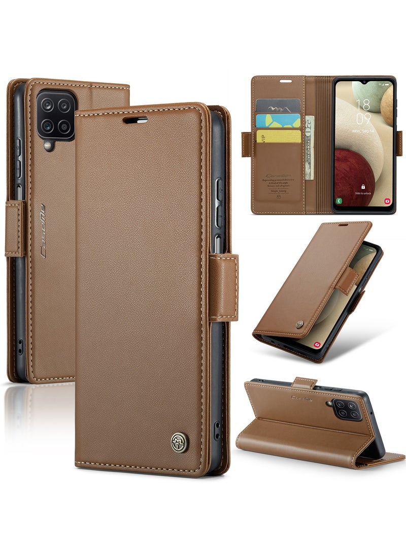 Phone Case for Samsung Galaxy A12 / M12 Anti-scratch Leather Kickstand Card Slot Money Pocket Brown - Image 1