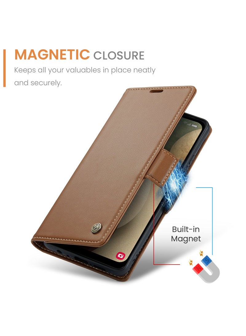 Phone Case for Samsung Galaxy A12 / M12 Anti-scratch Leather Kickstand Card Slot Money Pocket Brown - Image 3