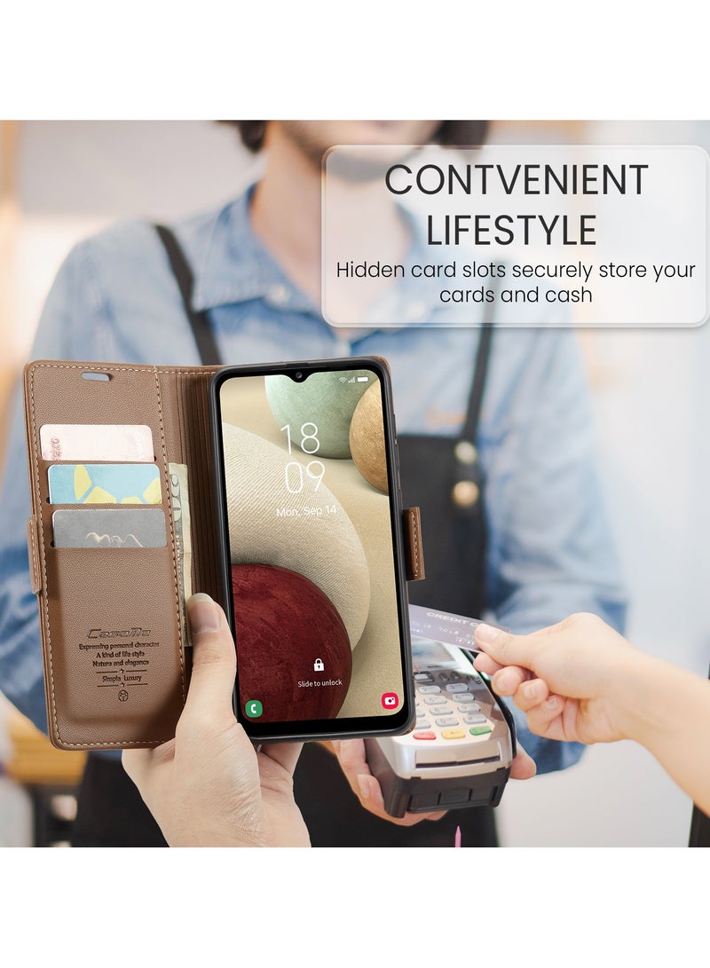 Phone Case for Samsung Galaxy A12 / M12 Anti-scratch Leather Kickstand Card Slot Money Pocket Brown - Image 4