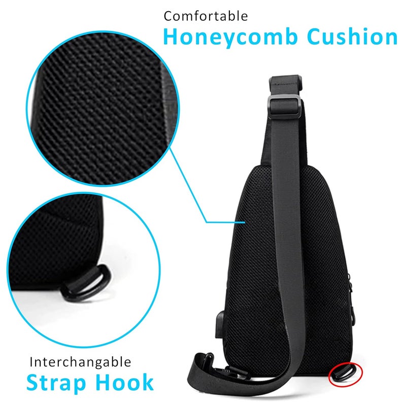 CONTACTS حقيبة صدر خفيفة مقاومة للماء للرجال والنساء، حقيبة كتف نايلون للسفر، التنزه، ركوب الدراجات، متعددة الاستخدامات مع حزام قابل للتعديل وجيوب بسحاب (أسود) - Image 4