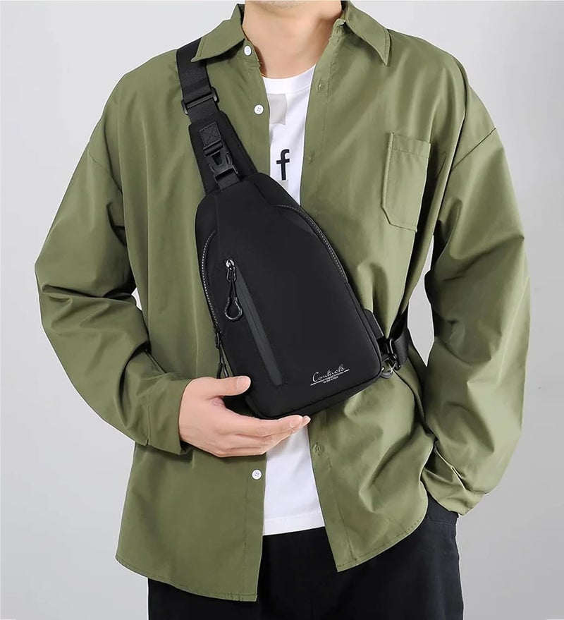 CONTACTS حقيبة صدر خفيفة مقاومة للماء للرجال والنساء، حقيبة كتف نايلون للسفر، التنزه، ركوب الدراجات، متعددة الاستخدامات مع حزام قابل للتعديل وجيوب بسحاب (أسود) - Image 2