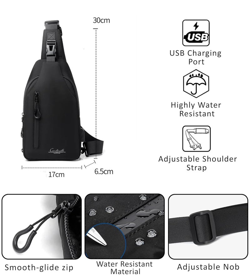 CONTACTS حقيبة صدر خفيفة مقاومة للماء للرجال والنساء، حقيبة كتف نايلون للسفر، التنزه، ركوب الدراجات، متعددة الاستخدامات مع حزام قابل للتعديل وجيوب بسحاب (أسود) - Image 3