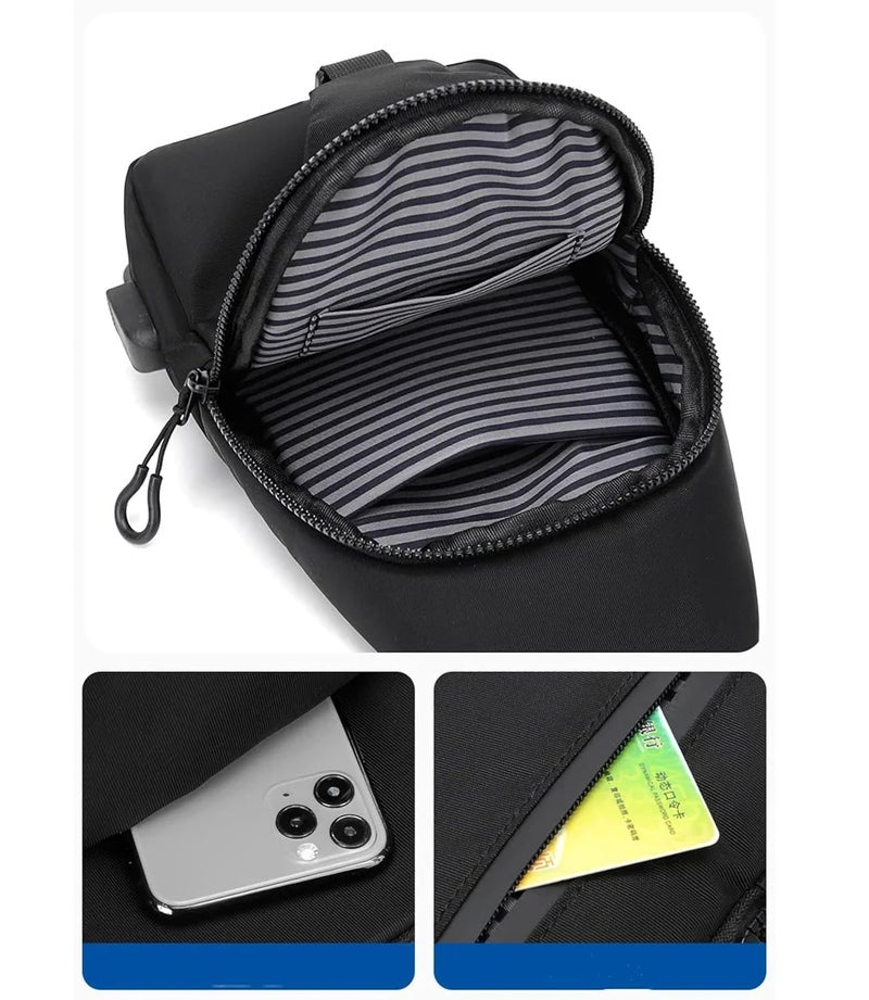 CONTACTS حقيبة صدر خفيفة مقاومة للماء للرجال والنساء، حقيبة كتف نايلون للسفر، التنزه، ركوب الدراجات، متعددة الاستخدامات مع حزام قابل للتعديل وجيوب بسحاب (أسود) - Image 5