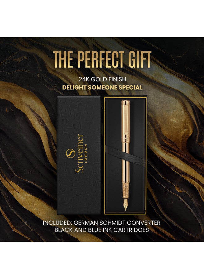 Scriveiner Luxury Fountain Pen - Stunning Gold Pen, 24K Gold Finish, Schmidt 18K Gilded Nib (Fine), Converter, Best Pen Gift Set for Men & Women, Professional, Executive, Office, Nice Pens - Image 3
